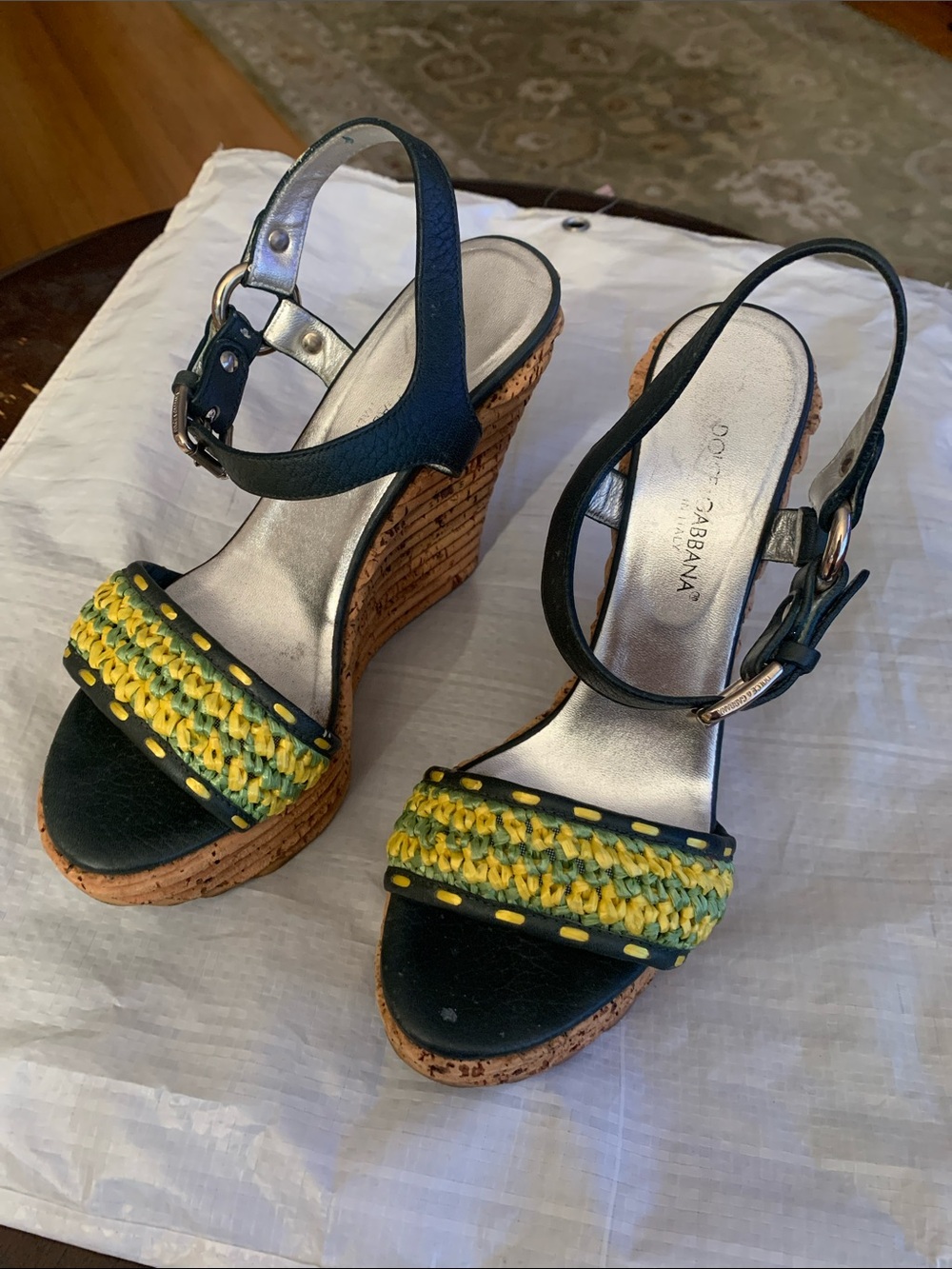 Dolce & Gabbana Black and Yellow Woven Cork Wedge Sandals